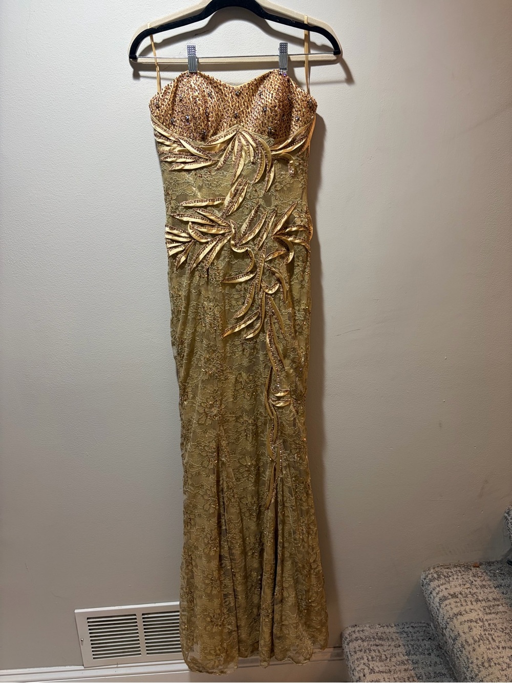 SAS Strapless Gold Embellished Lace Evening Gown